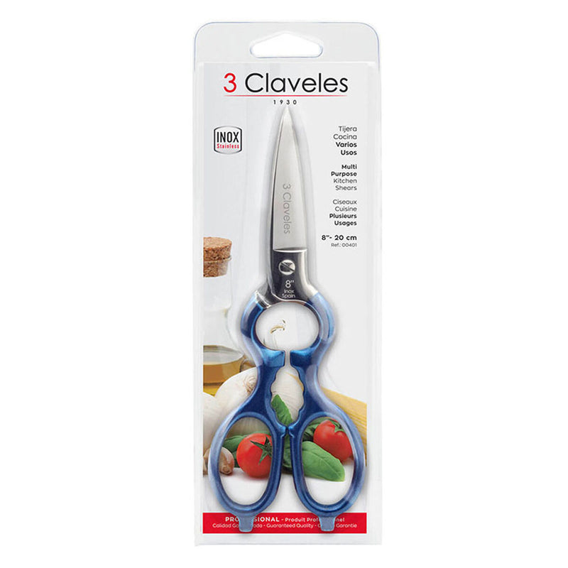 Ciseaux de cuisine 3 Claveles 8" en acier inoxydable bleu polyvalent